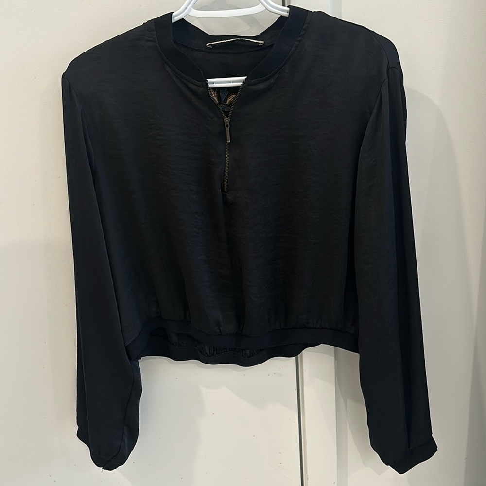 Silky quarter zip cropped top with rose detailing on the back